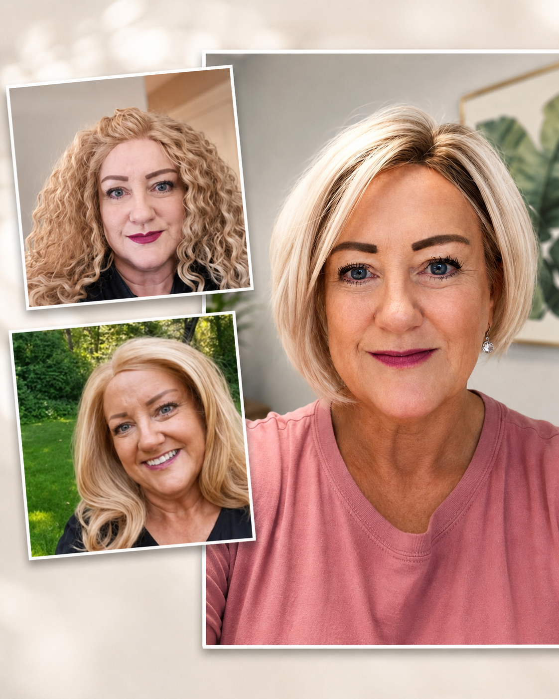 Donna Hartley showing three different hairstyles - AI changes faster than my wigs
