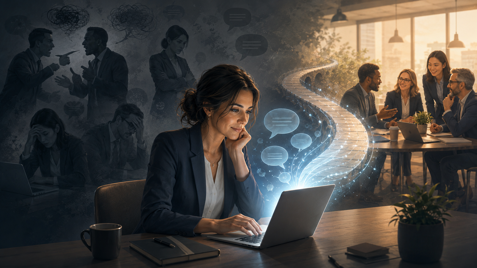 Professional woman using AI as a bridge to more thoughtful human conversations